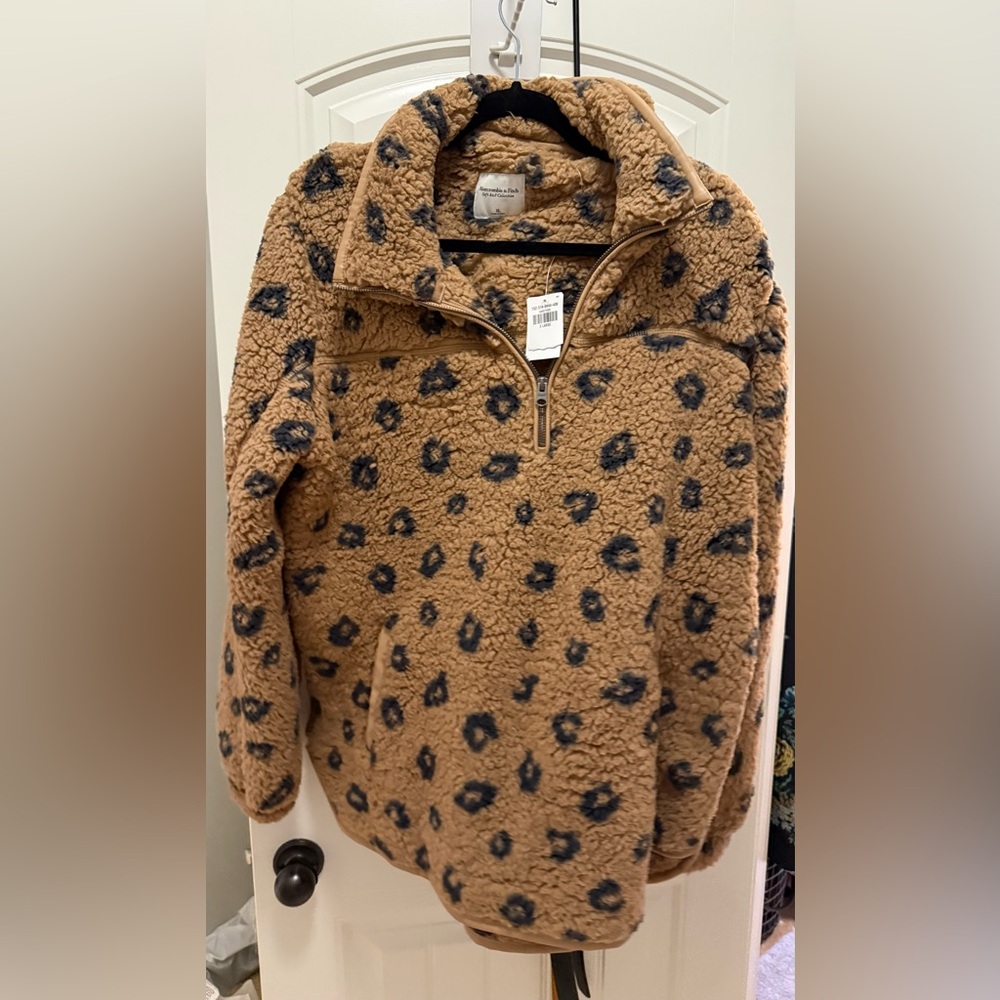 Abercrombie & Fitch Soft A&F Collection Sherpa Quarter-Zip with Leopard Print